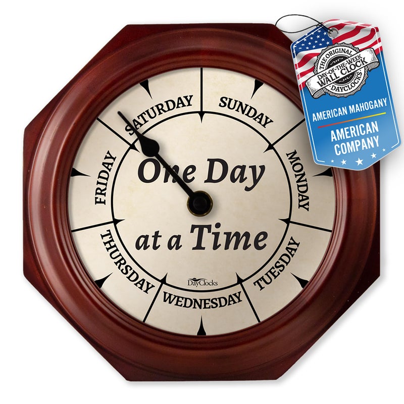 DayClocks Classic Week-Day Wall Clock with Solid Wood-Octagonal Frame â€“ Noon & Midnight Markers â€“ Quiet Wall Mounted Clock - Ideal Retirement Gift for Men & Women, Mahogany, One Day at a Time, 10" - Image 1